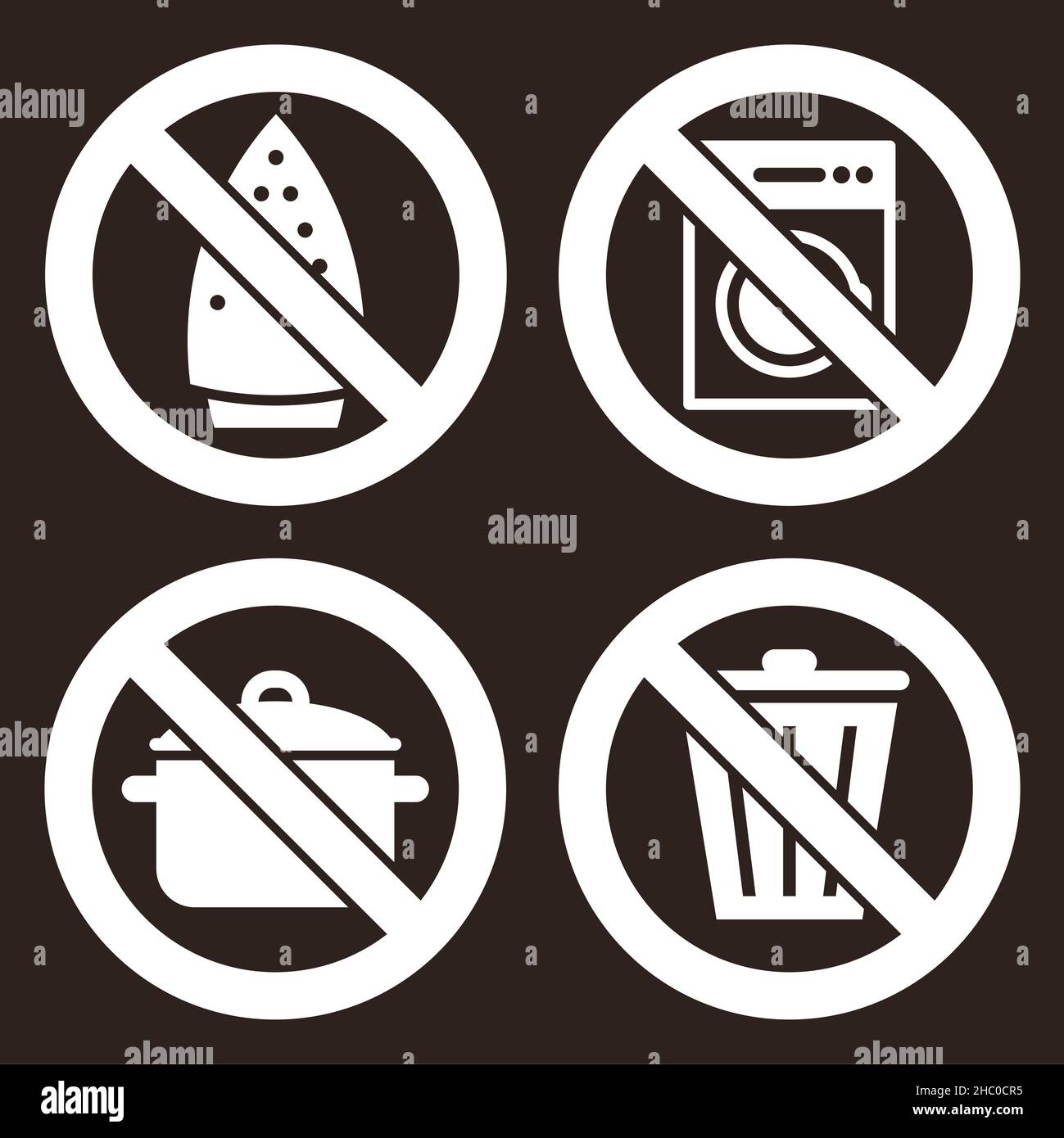 Bügelnn`t nicht erlaubt, keine Waschmaschine, kein Kochen und werfen Sie kein Müllschild auf dunklen Hintergrund Stockfoto